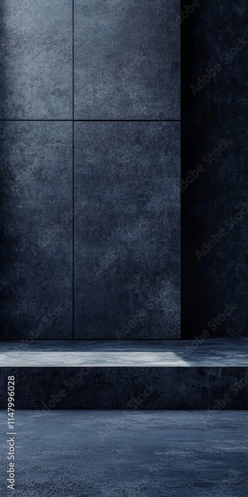Poster dark textured walls with subtle lighting create a modern minimalist space suitable for artistic disp