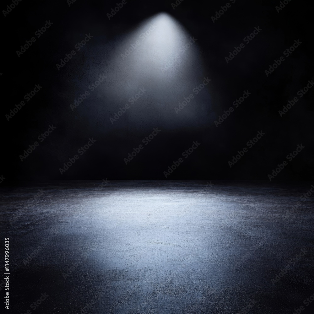 Poster dark stage illuminated by a single spotlight, creating a dramatic atmosphere for performances in a t