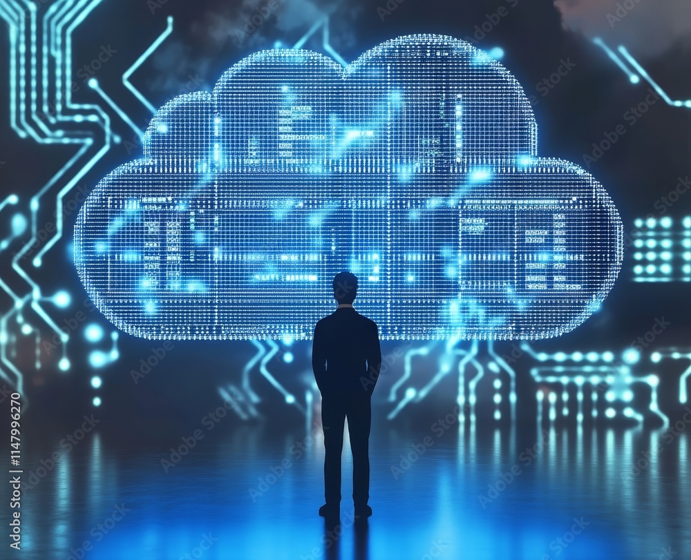 Poster digital landscape with a figure contemplating a cloud network surrounded by circuit patterns and blu
