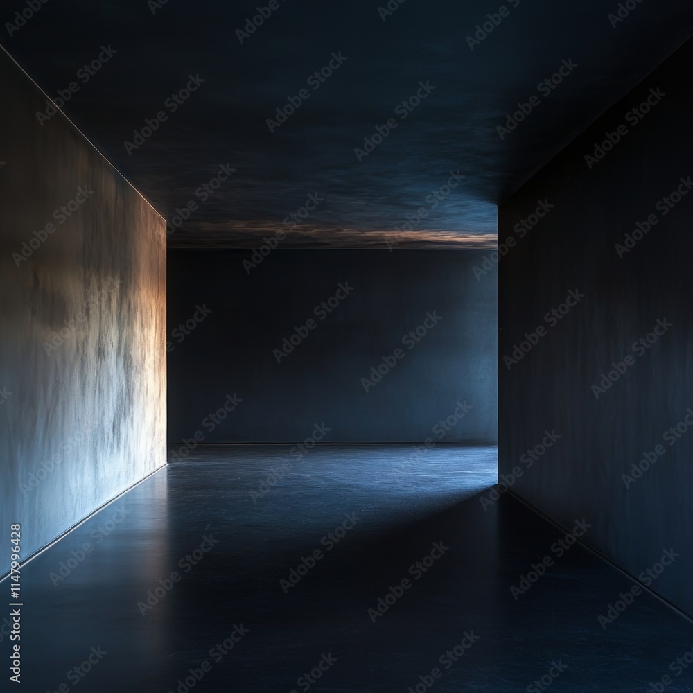 Aufkleber empty gallery room with dark walls and subtle light entering from a window at dusk