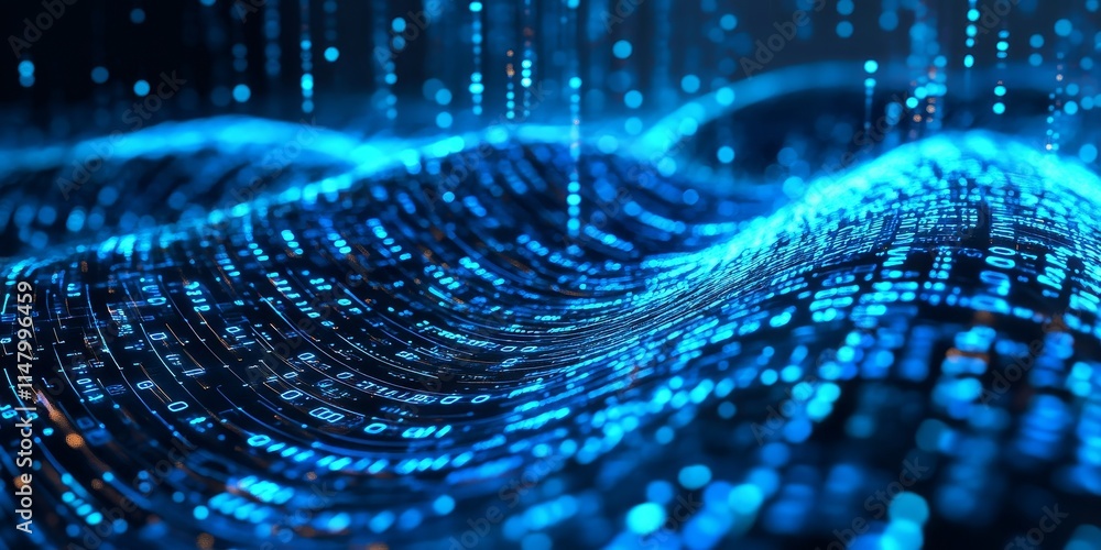 Poster digital wave of binary code flowing in a blue cyber landscape showcasing the essence of artificial i