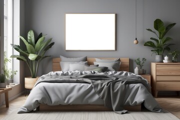 Blank frame mockup near bed. Empty white poster frame on the wall of bedroom. Modern contemporary design of luxurious cozy home interior, apartment background