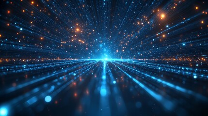 Fototapeta premium Colorful Light Bursts and Sparkling Particles Create a Stunning Visual Display in a Cosmic, Futuristic Environment With Blue and Golden Tones