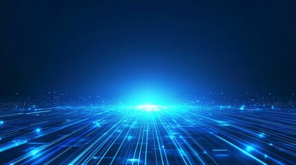 Obraz premium Visually Striking Blue Light Beams Radiate From a Central Point, Creating a Futuristic Atmosphere in a Digital Space