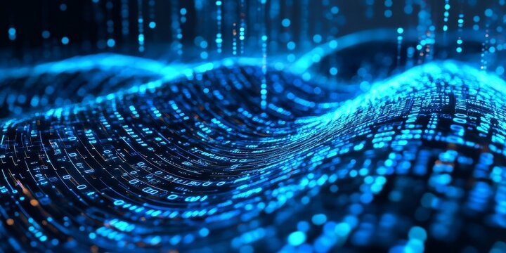 Digital Wave of Binary Code Flowing in a Blue Cyber Landscape Showcasing the Essence of Artificial Intelligence and Data Processing - Powered by Adobe