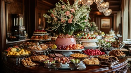 Fototapeta premium A grand Easter brunch buffet with dishes like ham, quiches, fresh fruit, and desserts.