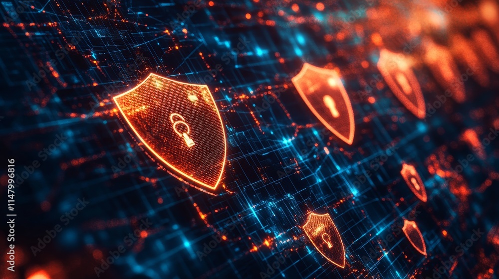Poster digital network security shields illuminated with vibrant colors highlight cybersecurity advancement