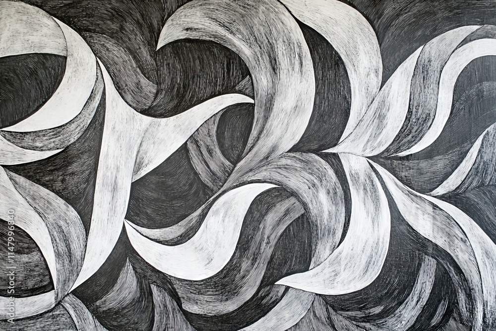 Poster a captivating abstract design featuring swirling black and white patterns with dynamic curves and in