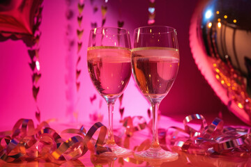 Romantic celebration setting with glasses of champagne on pink background. Festive design with heart balloons, ribbons, ideal for Valentine's Day, weddings, anniversaries.