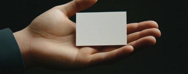 Obraz premium High-resolution close-up of a professional businessmanâ€™s hand presenting a blank white business card for networking and corporate meetings