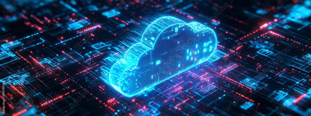 Aufkleber Digital Cloud Concept With Glowing Data Streams and Binary Code on a Dark Background Representing Cloud Computing Technology