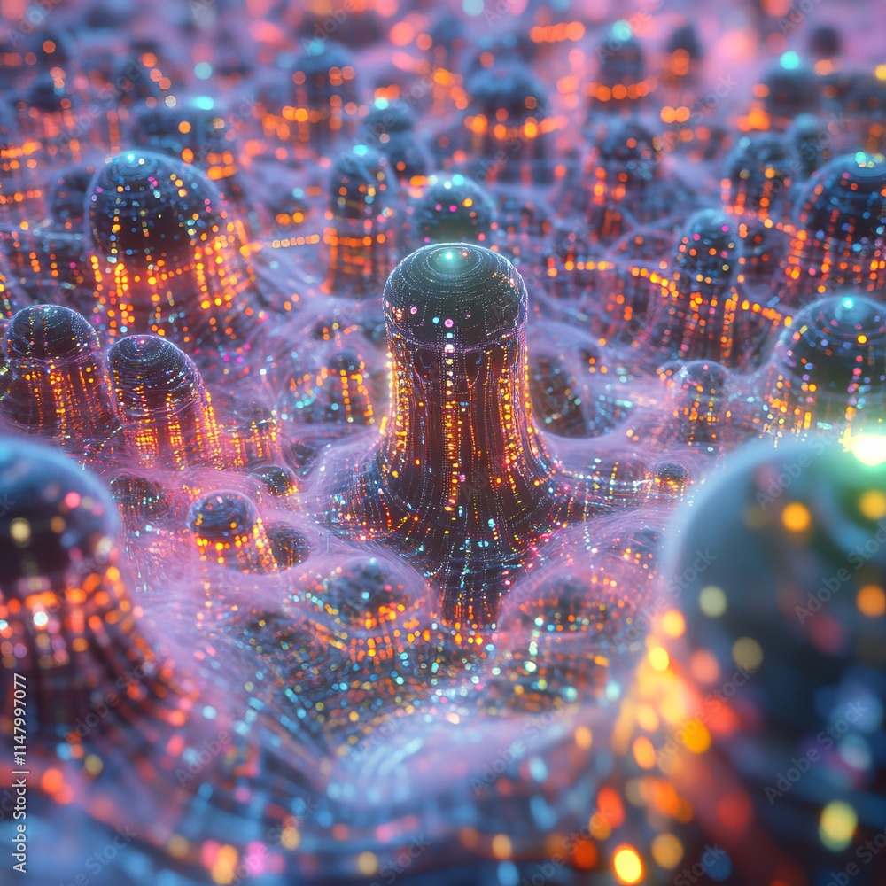 Poster colorful abstract representation of luminous nodes in a digital network simulating a vibrant data la