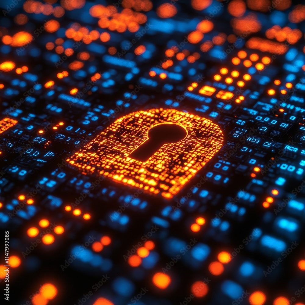 Poster colorful digital lock symbol surrounded by glowing binary code on a dark background emphasizes cyber