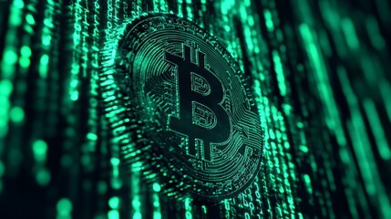 Visual Representation of Cryptocurrency Trend Illustrating a Digital Bitcoin Symbol Surrounded by Glowing Green Binary Code, Highlighting Its Significance in Modern Finance