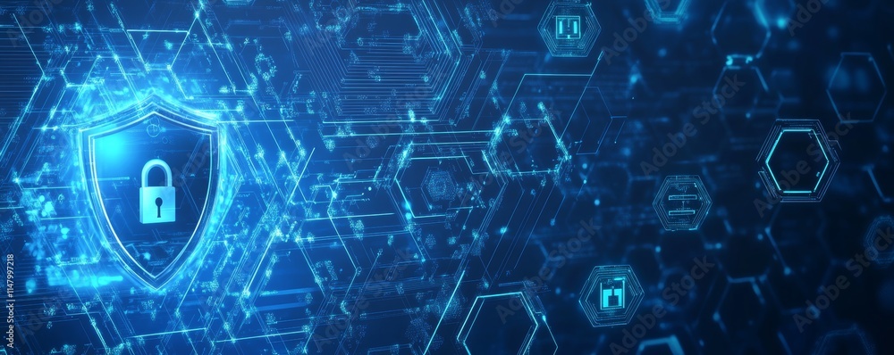 Poster digital security concept with glowing lock symbol and interconnected network elements in a futuristi