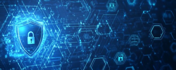 Digital Security Concept With Glowing Lock Symbol and Interconnected Network Elements in a Futuristic Blue Design