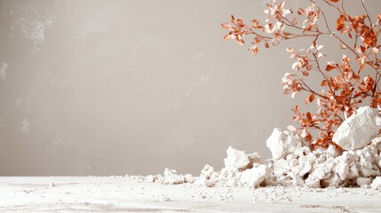 Fototapeta premium White textured surface with crumbled rocks and dried orange branches against a beige background.