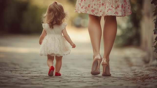 a little girl clumsily walking in her mother&acirc;&euro;&trade;s high heels, wearing a flowy dress and pretending to be a model. 