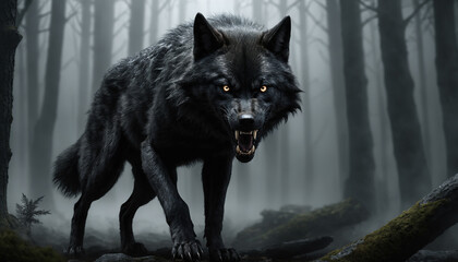 Fearsome Black Wolf in a Misty Forest, Generative AI
