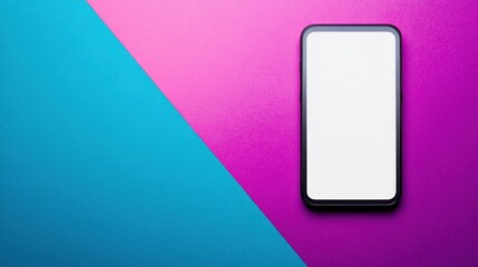 A modern smartphone with a white screen, placed on a vibrant gradient background of purple and blue tones, ideal for showcasing app designs or branding.