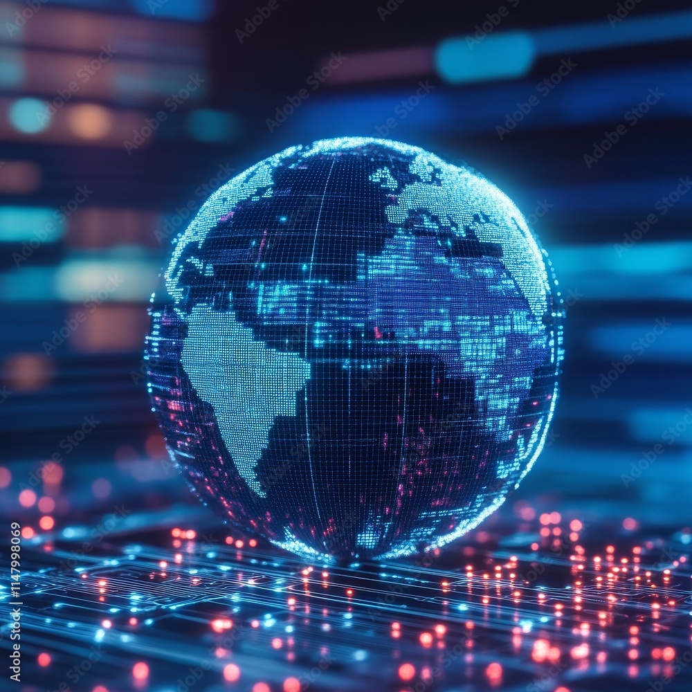Poster digital globe representing connectivity and technology in a futuristic environment with vibrant ligh
