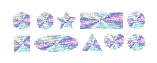 Set of vector holograms labels and stickers of geometric shapes: 100% quality, original, high quality, best and super