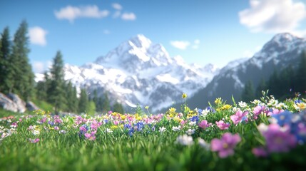 Obraz premium Colorful wildflowers bloom in a green alpine meadow with majestic snow-capped mountains under a blue sky.