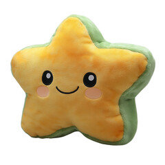 Yellow plush fabric starfish toy with smiling face, transparent PNG for toys or marine themes
