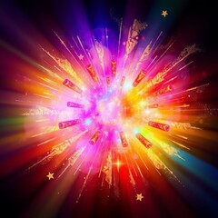 Bright Multicolored Neon Lights Radiating Outward, Creating a Stunning Abstract Effect with Colorful Fireworks and Starburst Patterns