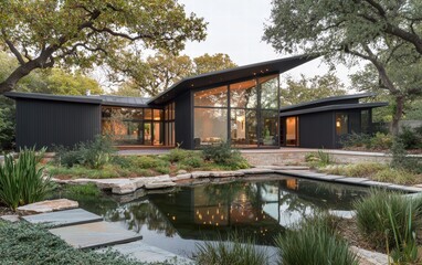 Obraz premium A minimalist house with sharp angular lines, black metal siding, and a serene pond in front