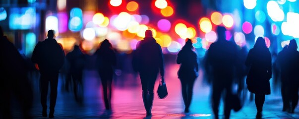silhouettes, festival, lights, colors, night scene People walking in a vibrant urban environment filled with dynamic blue and bright lights creating a colorful atmosphere