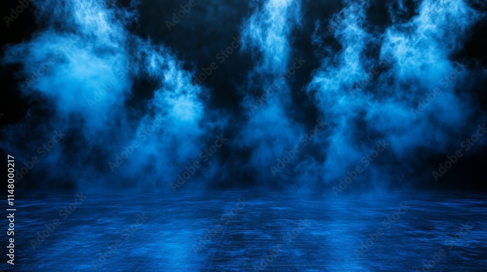 Poster mist rises dramatically in a dark space illuminated by blue light, creating an ethereal atmosphere f