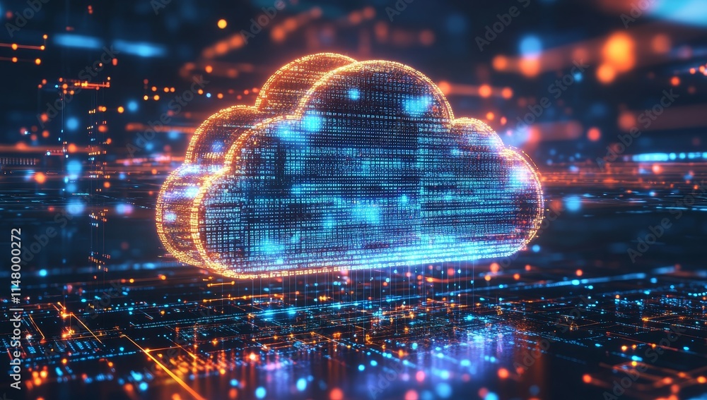 Poster cloud computing technology visualizing digital data transfer and storage in a futuristic network env