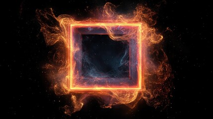 Fiery Frame: Abstract art featuring a fiery square frame against a black background. Perfect for concepts related to energy, power, and intensity.