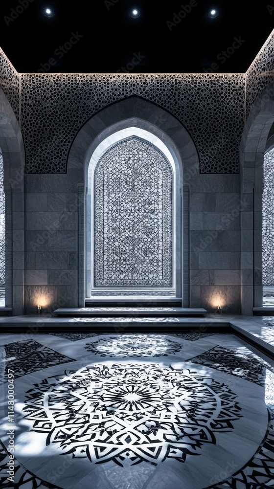 Poster a large room with a window and a stone floor. the floor is covered with a pattern of circles