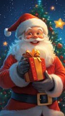 Cartoon Santa holds a present