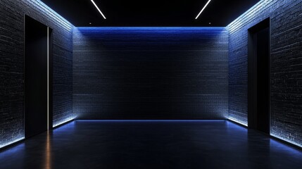 Fototapeta premium Modern Hallway With Illuminated Accents and Dark Brick Walls, Creating a Minimalist Architectural Design in a Contemporary Building Environment