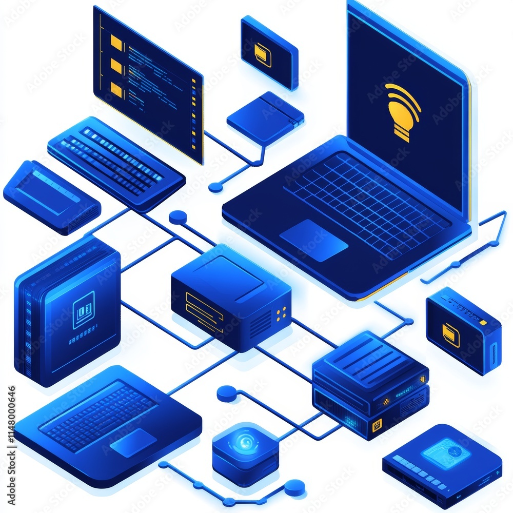 Aufkleber digital network connecting multiple devices including laptops and servers for data processing and co