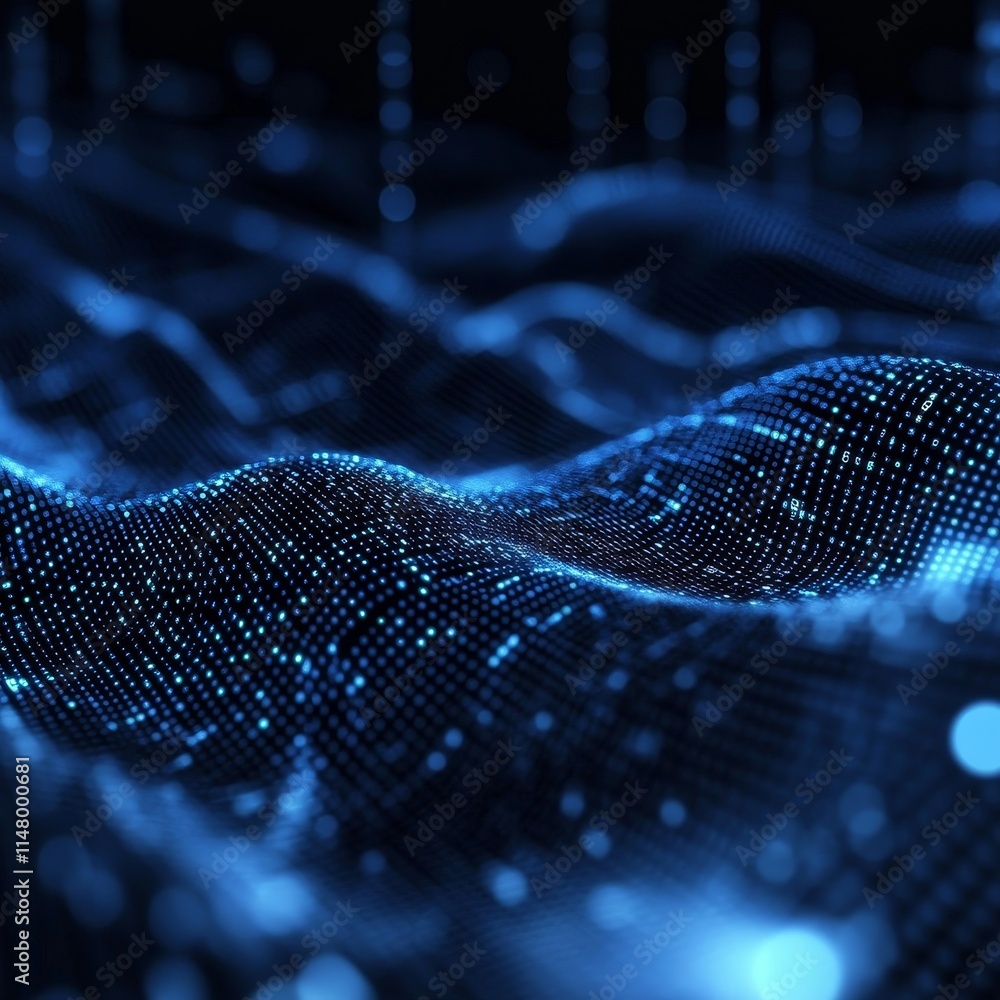 Poster digital wave formation illustrating data patterns and connectivity in a futuristic environment