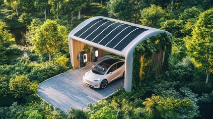 A solar-powered electric car charging station surrounded by greenery, symbolizing innovation and sustainability.