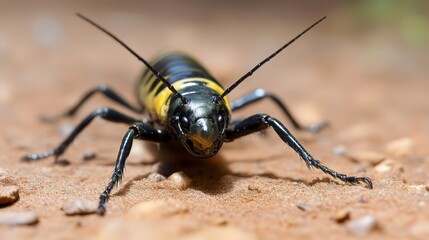 Fototapeta premium A close up of a black and yellow insect on the ground