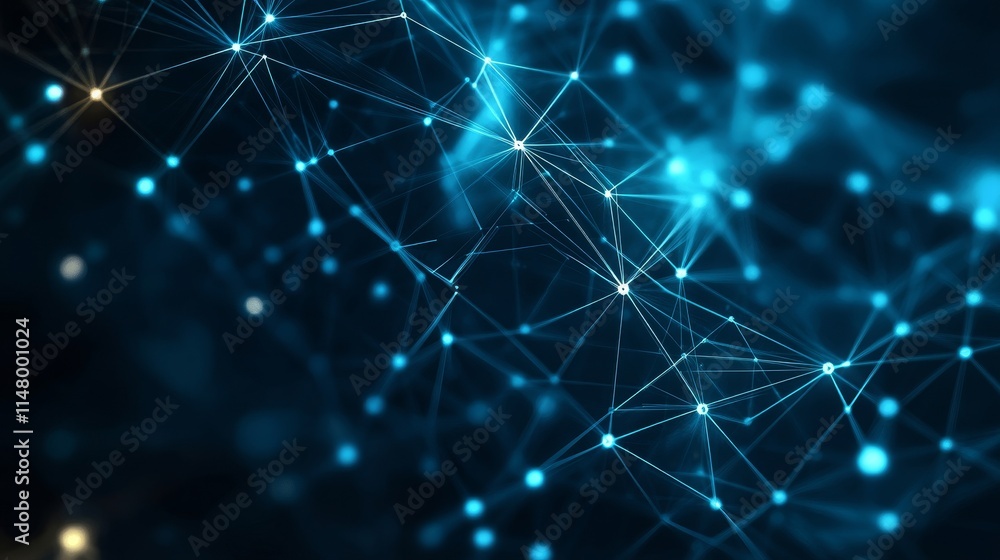 Poster exploring a network of glowing dots and lines representing digital connectivity and technology advan