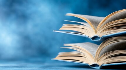 A stack of open books on a blue background
