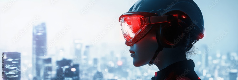 Aufkleber profile view of a person in a safety helmet and goggles against an abstract city background in a fut