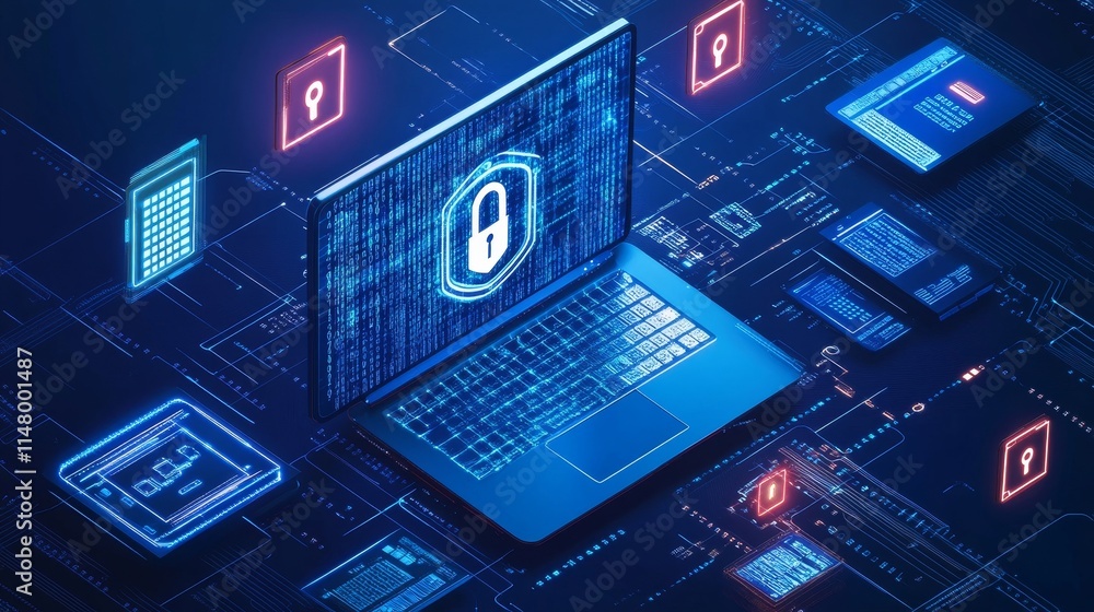 Poster secure digital workspace showcasing a laptop with a lock symbol amidst glowing security icons and da