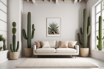 Beautiful spring decorated interior in white textured colors. Living room, beige sofa with a rug and a large cactus
