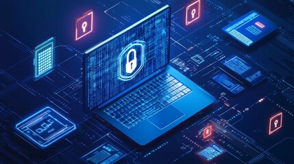 Secure Digital Workspace Showcasing a Laptop With a Lock Symbol Amidst Glowing Security Icons and Data Streams