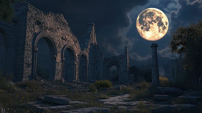 Ancient Ruins Under Full Moon 