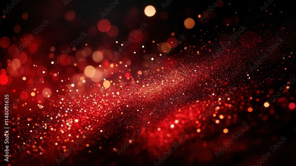 Poster abstract background with glittering gold and red particles in a firework style for creative projects