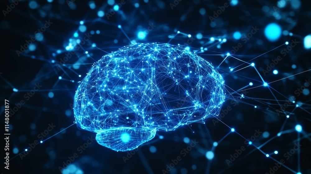 Poster visual representation of a neural network resembling a human brain in blue tones, showcasing digital